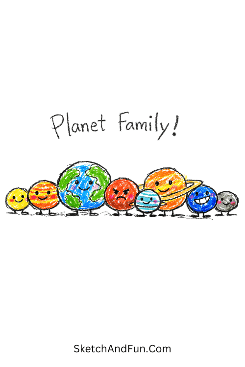 A doodle of several tiny planets standing together like a family, science doodle ideas