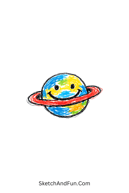 A doodle of a small Saturn-like planet with a cheerful ring, cute science doodles