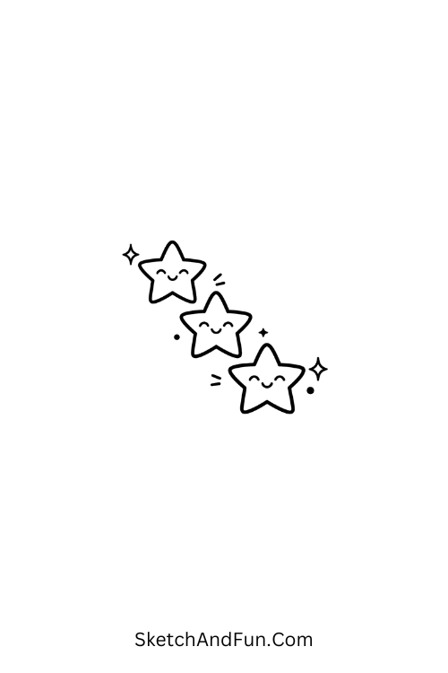 A doodle of three little stars with twinkle lines arranged diagonally, coquette inspired simple drawings