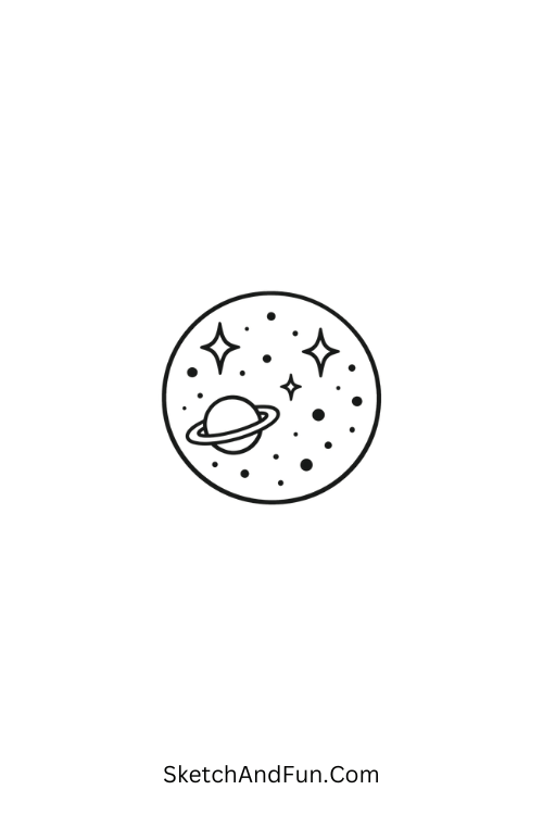 A doodle of a small circle galaxy with dots and stars, pen doodles free download