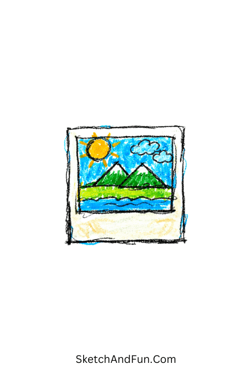A doodle of a tiny Polaroid frame holding a simple scene, marker doodle art