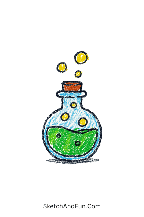 A doodle of a bubbling potion bottle with sparkles, Harry Potter mini doodles