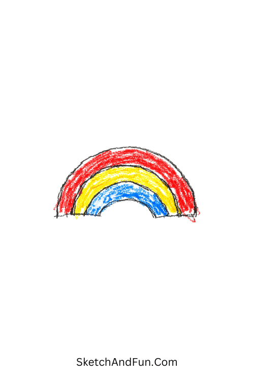 A doodle of a half rainbow with three bold stripes, autumn crayon doodles