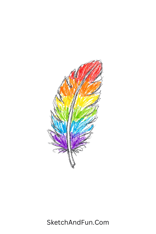 A doodle of a soft rainbow feather with gentle gradients, colored pencil doodle ideas