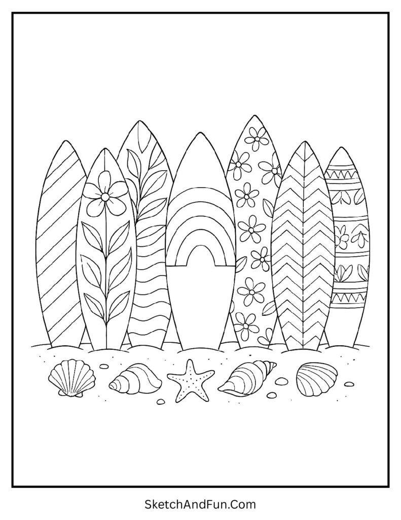 A coloring page of a row of colorful surfboards in the sand with shells, beach and ocean coloring printables