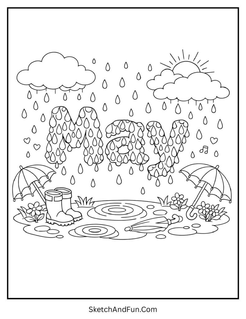 A coloring page of “May” with raindrops, clouds, and umbrellas, Spring May coloring pages free