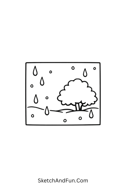 A drawing of a rainy window with tree outside, nature scenery drawing easy