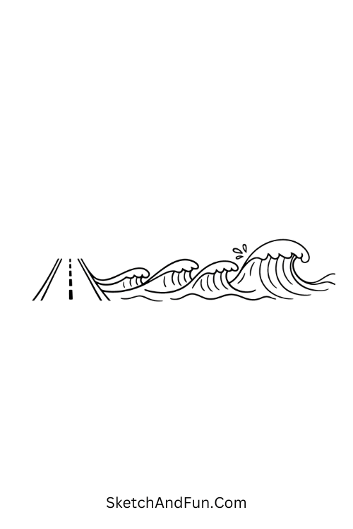 A doodle of a road transforming into gentle ocean waves, travel doodle patterns