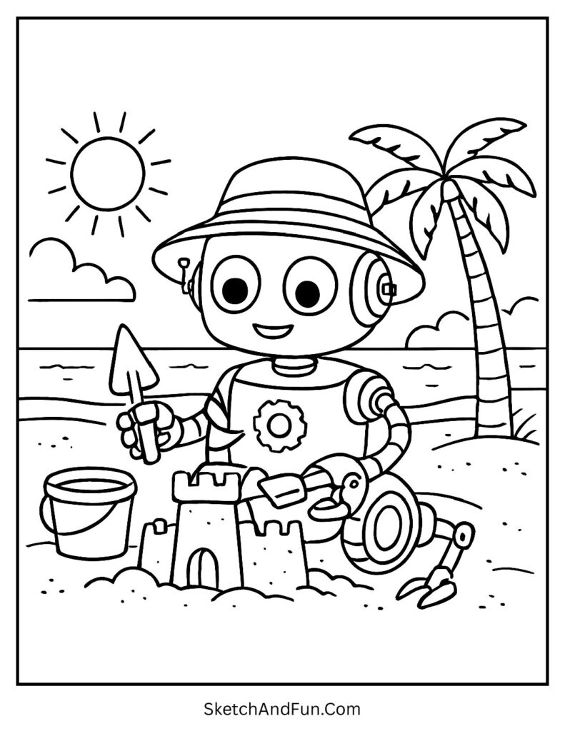 A coloring page of a friendly robot building a sandcastle using tools, beach coloring pages for adults