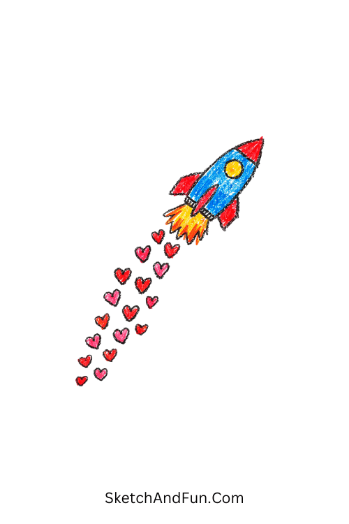 A doodle of a rocket blasting off leaving tiny heart trails, science and math doodles
