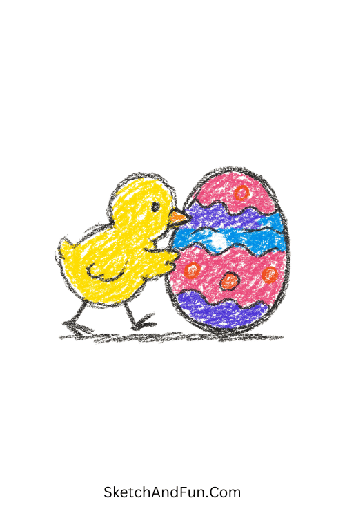 A drawing of a chick pushing a decorated egg across the ground, easy Easter chick sketches