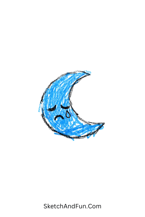 A sleepy crescent moon with a sad face, blue doodle cartoon