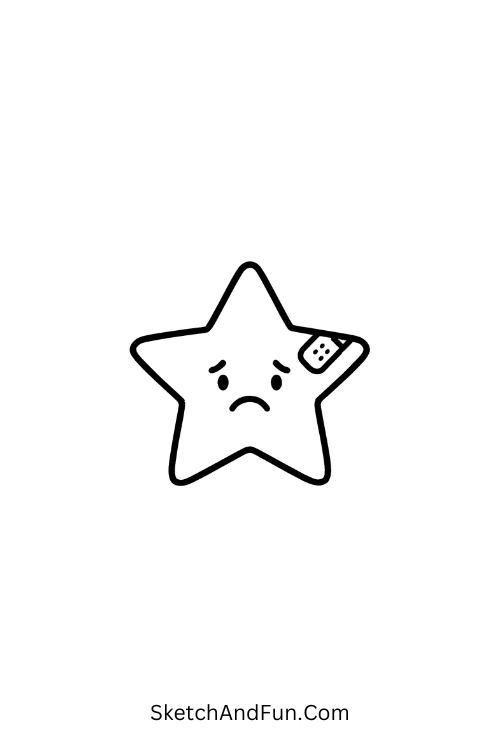 A doodle of a sad star with a small bandage, small grunge doodles
