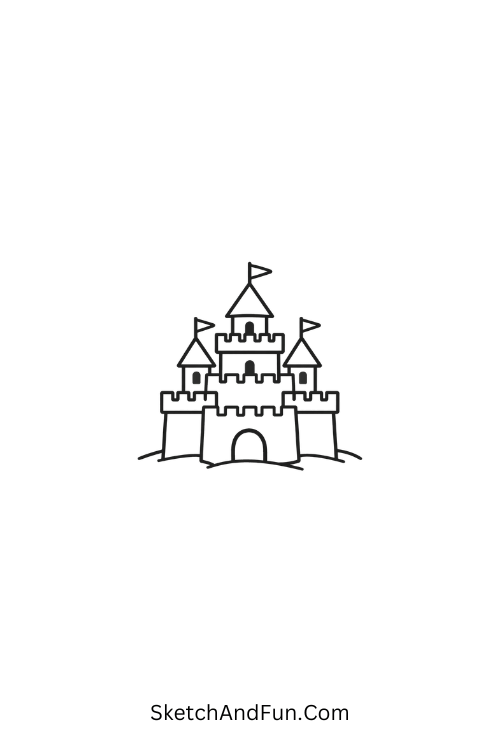 A drawing of a layered sand castle with tiny flags, summer vacation drawing ideas