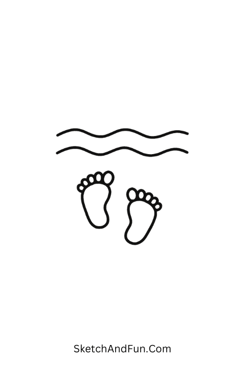 A doodle of tiny footprints leading to waves, beach doodles step by step