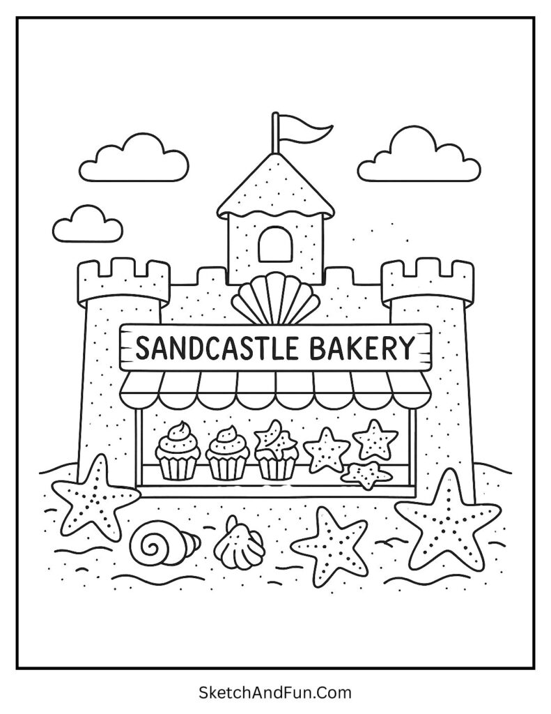 A coloring page of a sandcastle bakery selling shell cupcakes and starfish treats, beach ball coloring page