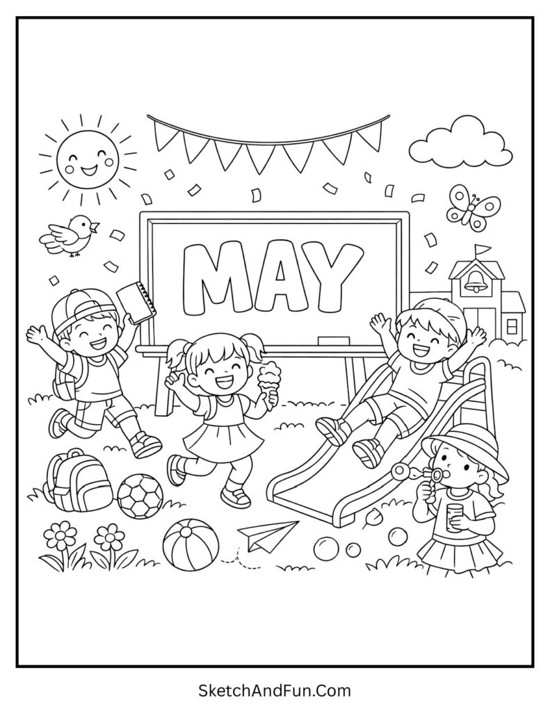 A coloring page of “May” on a school chalkboard with kids, May coloring pages for kids
