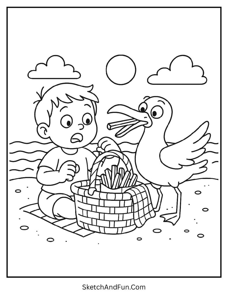 A coloring page of a seagull trying to snatch fries from a child’s basket, beach items coloring sheet