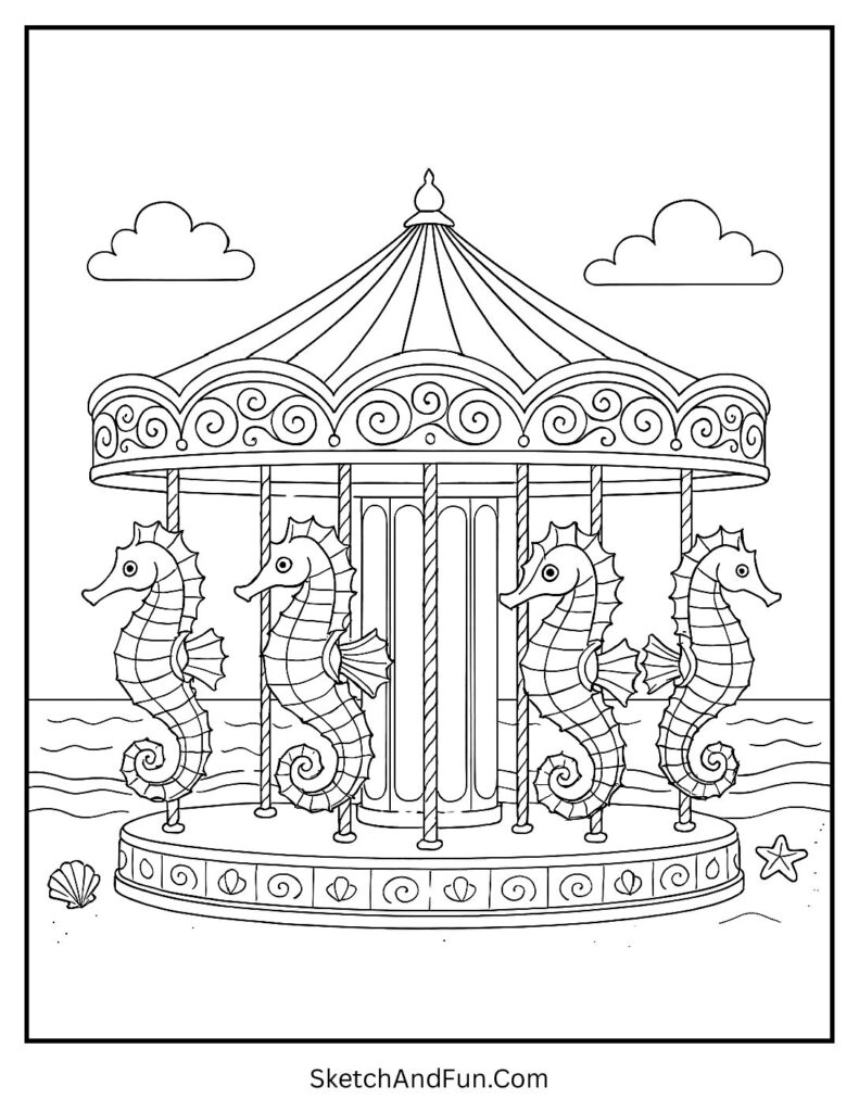 A coloring page of a magical seahorse carousel spinning on the sand, beach scene coloring page