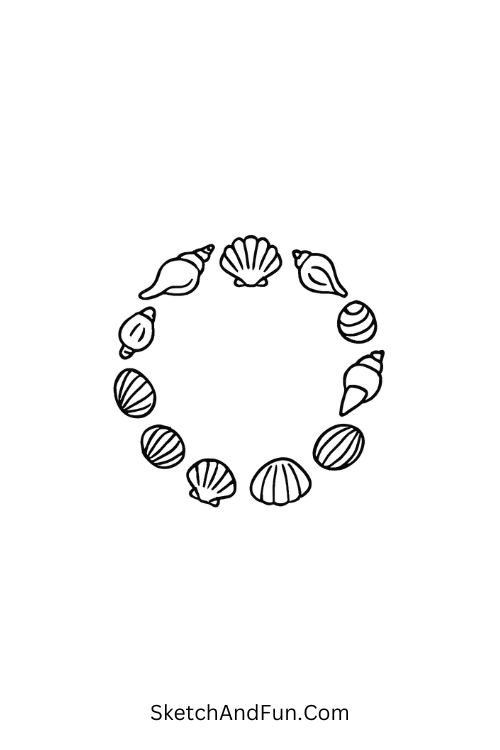 A doodle of a circular seashell border frame, printable beach doodles