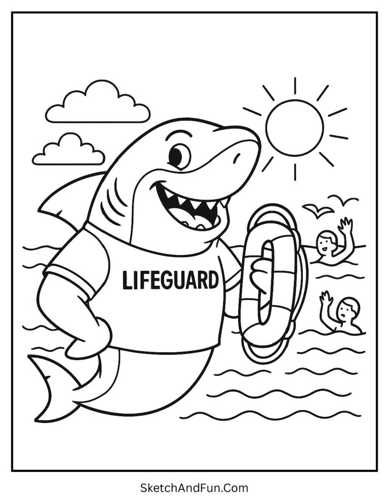 A coloring page of a smiling shark watching swimmers with details, beach coloring pages detailed