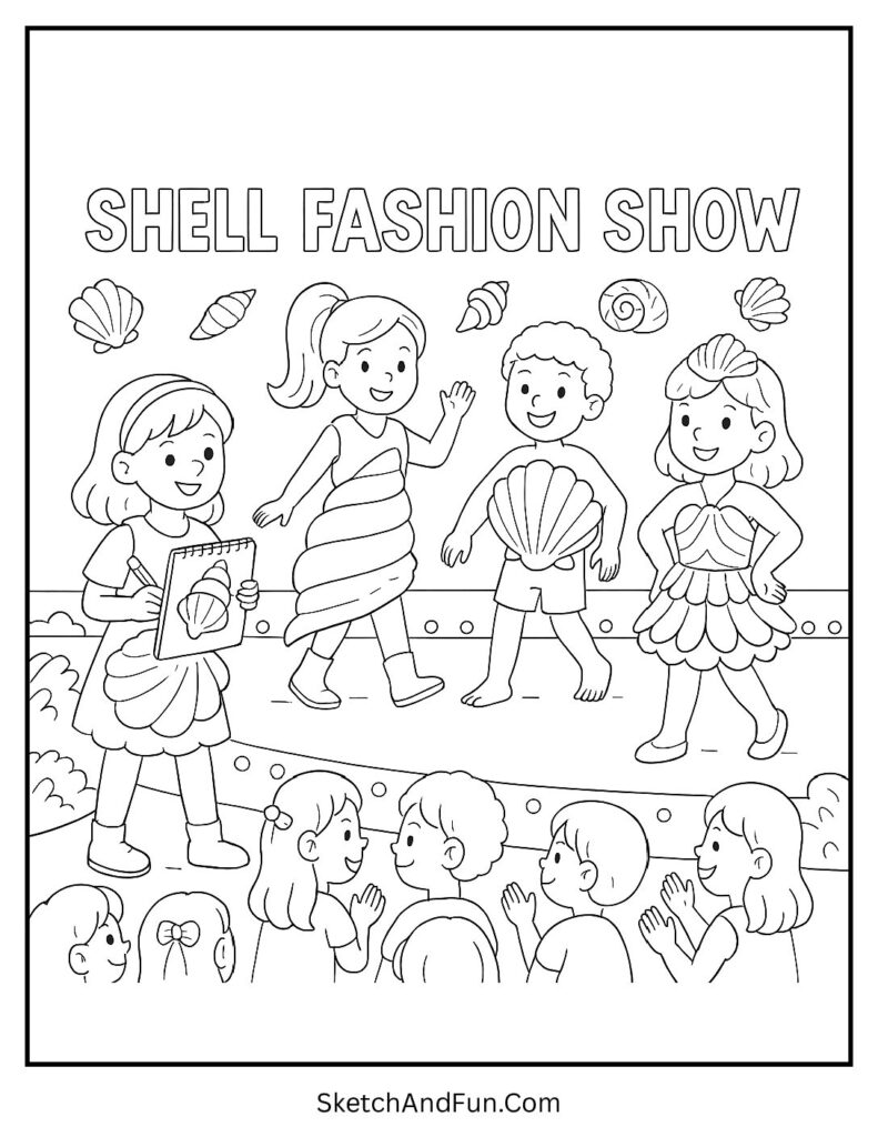 A coloring page of kids modeling outfits made of shells on the sand, free beach coloring pages