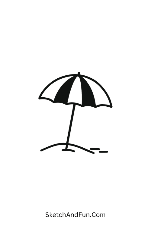 A doodle of a striped beach umbrella in sand, beach doodle drawing