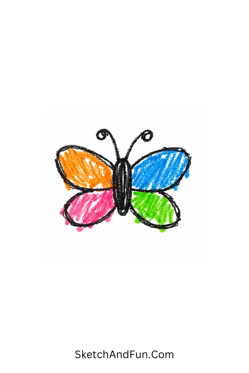 A doodle of a simple butterfly outline with delicate wings, marker doodle flowers