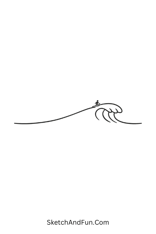 A doodle of a smooth wave with a tiny surfer, pen doodles patterns
