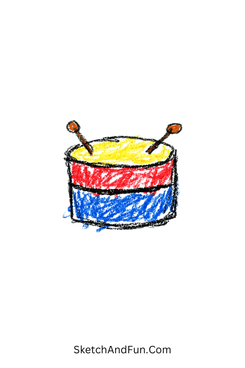 A doodle of a small drum with one uneven beat line, simple music doodle drawing