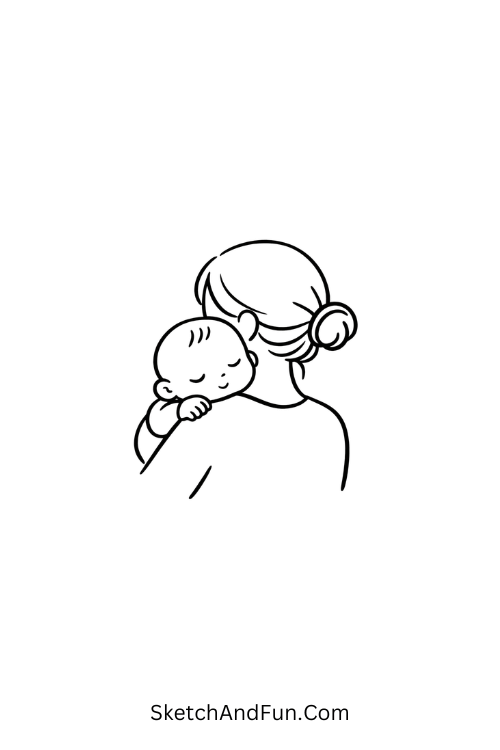A drawing of a baby sleeping on mom’s shoulder, mother's day portrait drawing
