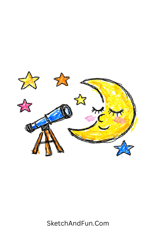 A doodle of a telescope pointing at a sleepy moon with stars, space science doodles