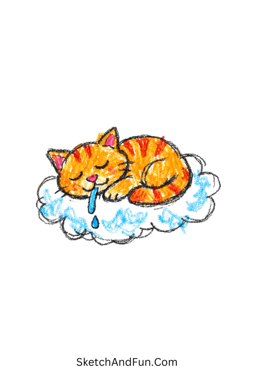 A doodle of a curled-up cat napping on a fluffy cloud, cute cat doodle easy