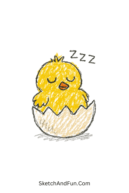 A drawing of a tiny chick peeking out of a cracked egg, Easter chick hatching from egg drawing