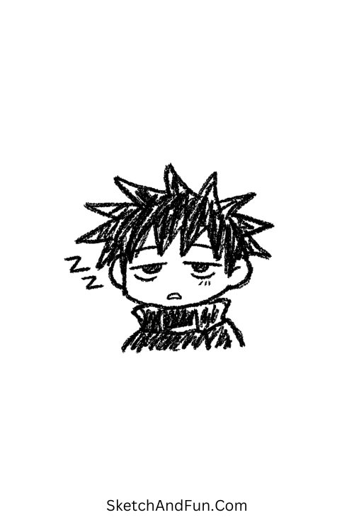 A doodle of sleepy Megumi with messy hair and half-closed eyes, megumi fushiguro doodle ideas