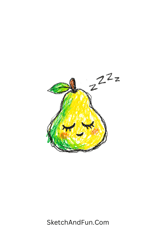 A pear with closed eyes and tiny “Zzz” above, fruit doodle sketches