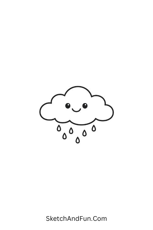 A doodle of a smiling fluffy cloud with raindrops, easy pen doodlesv