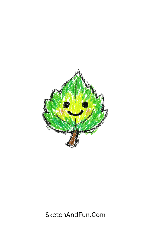 A doodle of a little smiling leaf, fun crayon doodle designs