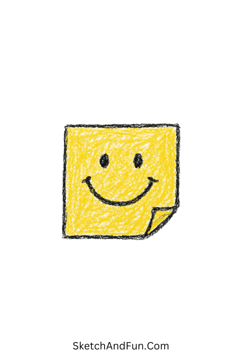 A doodle of a smiling sticky note with folded corner, school notebook doodles