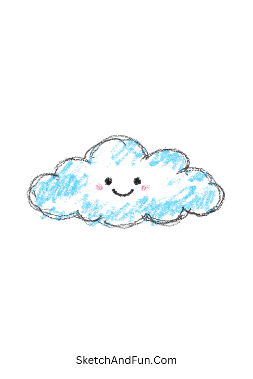 A doodle of a fluffy cloud with a happy face, colored pencil doodle inspiration