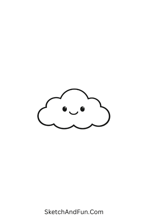 A doodle of a fluffy cloud with a happy smile, cute little doodles