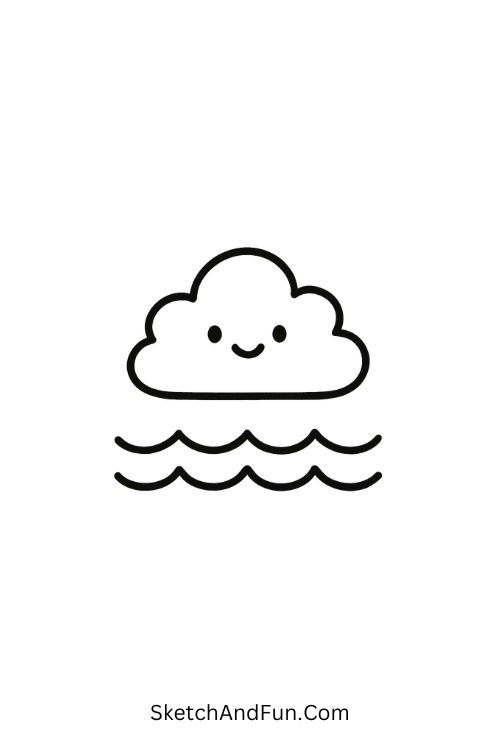 A doodle of a smiling cloud over soft waves, easy summer doodles