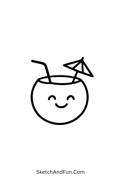 A doodle of a smiling coconut drink with umbrella, tropical doodle ideas