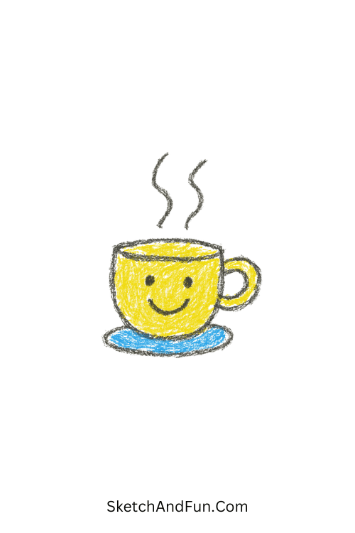 A doodle of a smiling coffee cup with steam lines, cute notebook doodles