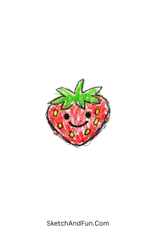 A tiny strawberry with a smiling face, cute fruit doodles