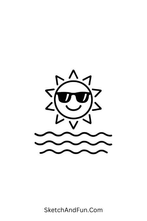 A doodle of a smiling sun with sunglasses above waves, summer beach doodles
