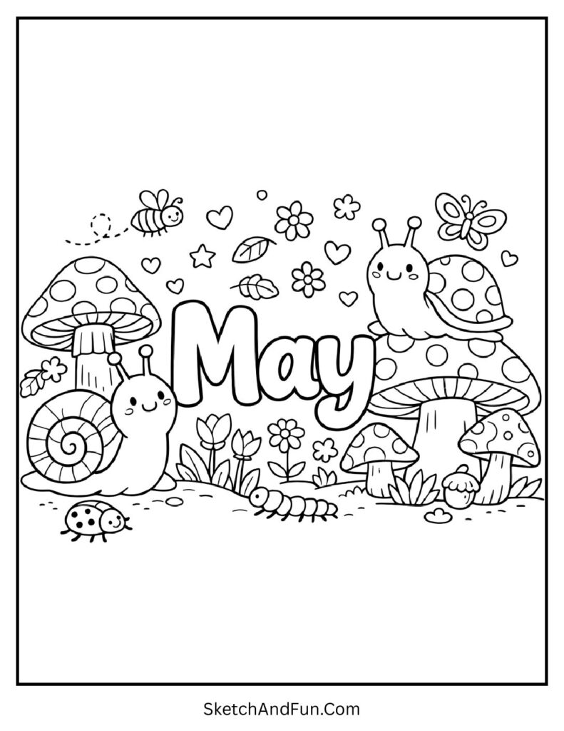 A coloring page of snails and mushrooms around “May”, Kids May coloring sheet printable