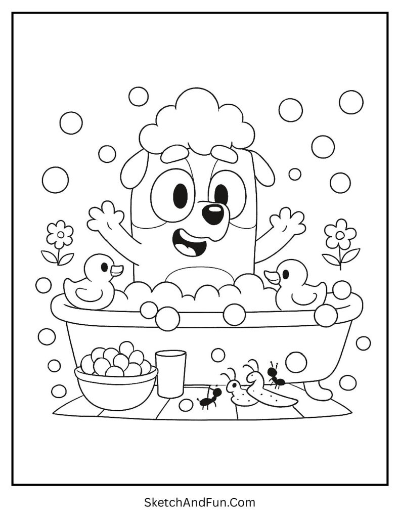 A coloring page of Socks playing in bubbly foam with rubber ducks, Bluey printable coloring book