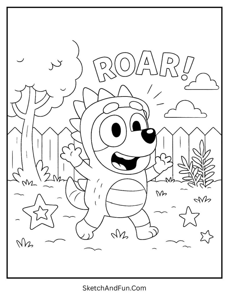 A coloring page of Socks pretending to be a roaring dinosaur, Bluey characters coloring pages
