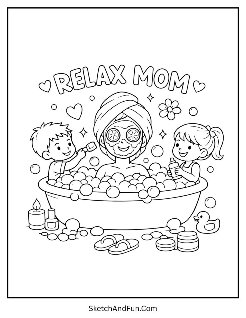 A coloring page of kids pampering mom with spa items, easy mothers day coloring pages